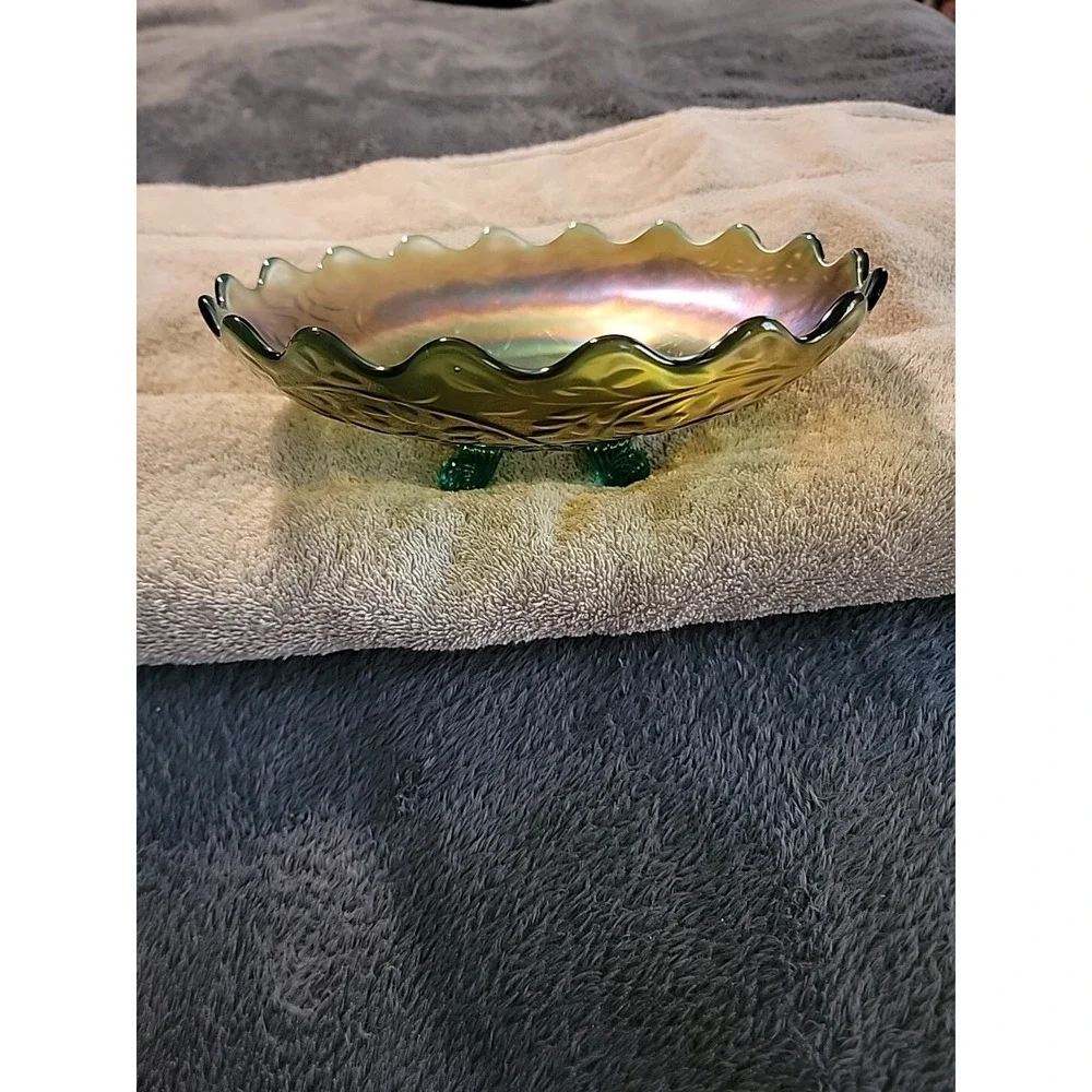 Gorgeous‎ Westmoreland Glass Carnival Louisa Footed Bowl Green Glass
